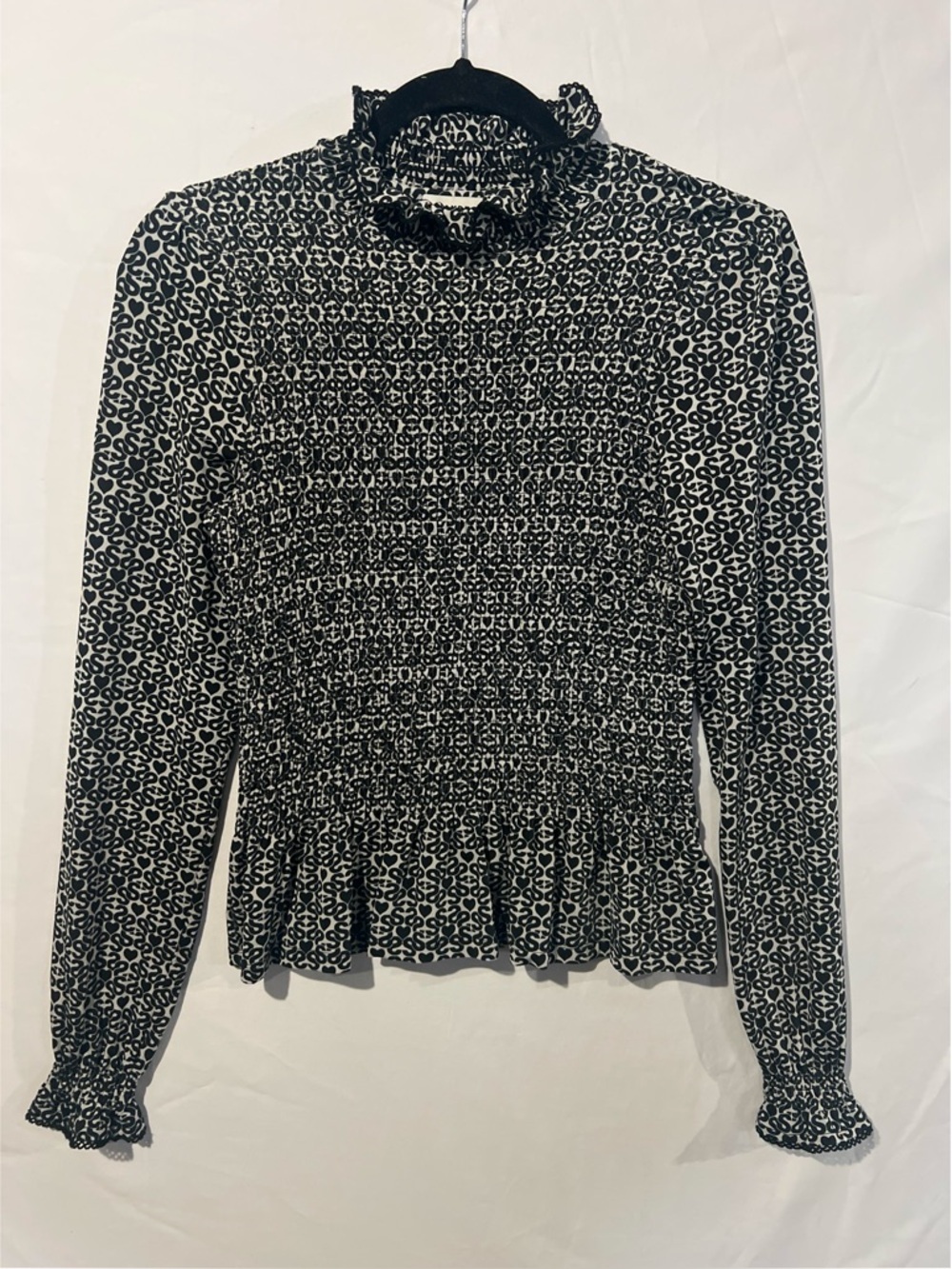 Sandro Blouse Women’s Size 0 Black Monogram Print Mockneck Smocked Top - Picture 2 of 16
